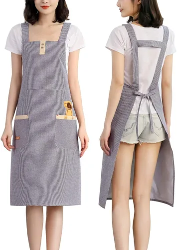 Vista 14 de NEWGEM Delantal 100% algodón con espalda cruzada para mujer con 2 bolsillos, correas de botón ajustables, sin dolor de cuello, delantal de chef