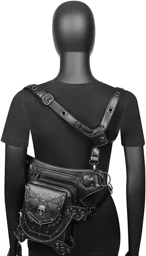 Vista 5 de Steampunk - Riñonera de piel gótica con diseño de calavera bandolera cruzada con hombros y muslos y caderas para mujeres y hombres WP-BG097BK