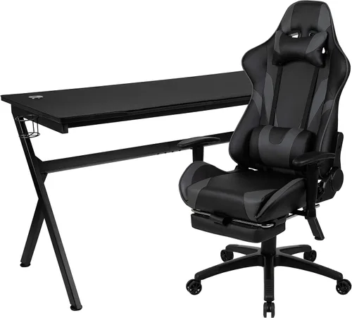 Vista 58 de Flash Furniture Juego de escritorio para juegos negro y silla de carreras blanco/negro con soporte para tazas, gancho para auriculares y soporte