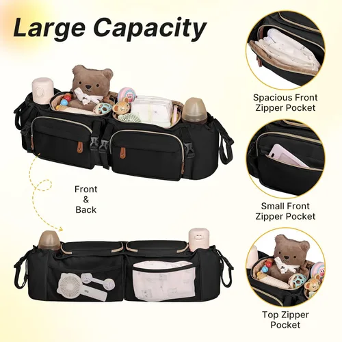 Vista 5 de Boomistry - Organizador doble para cochecito con 2 bolsillos refrigerantes, color negro Para Bob Duallie y Baby Jogger City Mini GT2, soporte