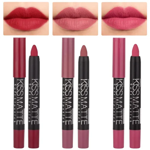 Vista 14 de evpct 3 piezas de lápiz crayón delineador de labios mate metálico rosa natural ligera y lápiz labial Set de larga duración impermeable que coincide