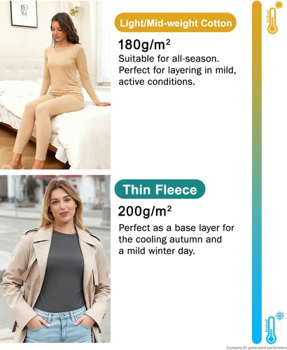 Vista 4 de wirarpa Juego de ropa interior térmica de algodón para mujer, ligera, pantalones largos, capa base, conjunto de pijama para mujer, parte superior e