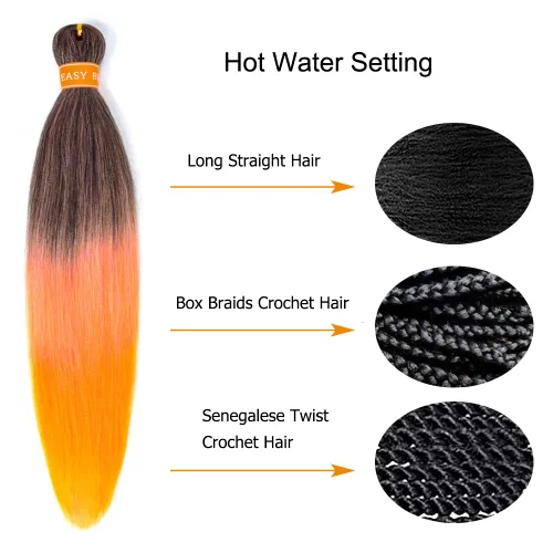Vista 5 de Cabello trenzado preestirado 3.53 oz/paquete, cabello trenzado rosa naranja para trenzar con agua caliente, cabello trenzado degradado