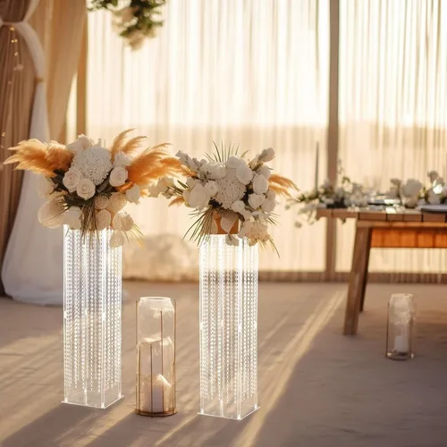 Vista 5 de Efavormart - Jarrón de pedestal de acrílico resistente de 40 pulgadas con cuentas de cristal colgantes, soporte de pilar transparente, centros