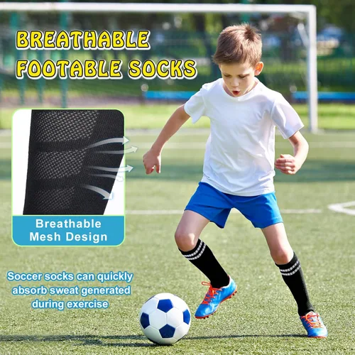 Vista 7 de 6 pares de calcetines elásticos de fútbol para niños, calcetines de tubo alto hasta la rodilla, coloridos calcetines de fútbol atlético para niños