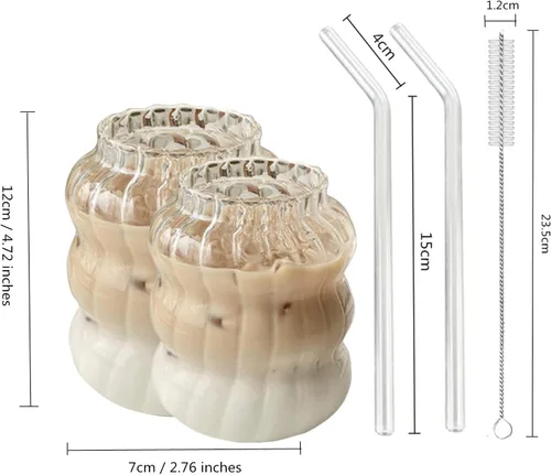 Vista 2 de Maritown Taza de café helado con pajilla, taza de café transparente de 22 onzas con popote de vidrio y cepillo limpiador, vasos de agua acanalados