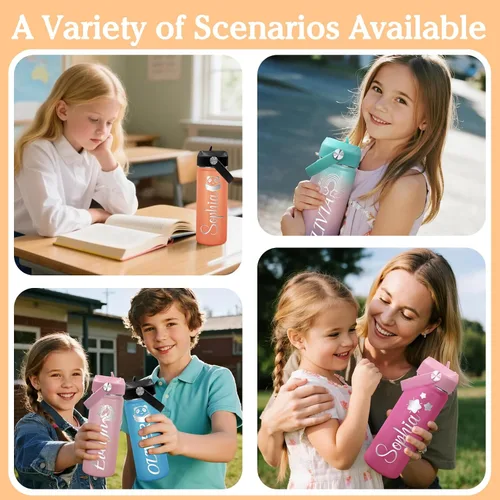 Vista 4 de Personalized 18oz Kids Water Bottle with Engraved Name Text Back to School Custom Stainless Steel Insulated Water Bottle for School, Personalized