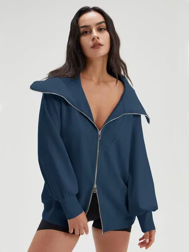 Vista 3 de DEEP SELF Sudaderas de gran tamaño con cremallera completa para mujer, chaqueta casual de manga larga con cuello 2023, ropa de moda de otoño