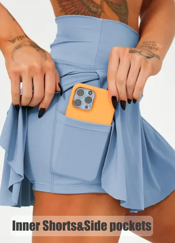 Vista 3 de Navneet Falda de tenis plisada para mujer con bolsillos, pantalones cortos cruzados de cintura alta atlética para golf, faldas deportivas