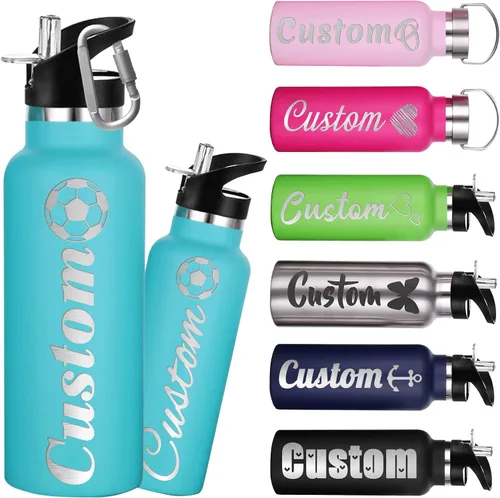 Vista 11 de Botellas de agua personalizadas de 12 onzas, botella de agua de acero inoxidable personalizada con tapa con pajilla, botellas de doble pared