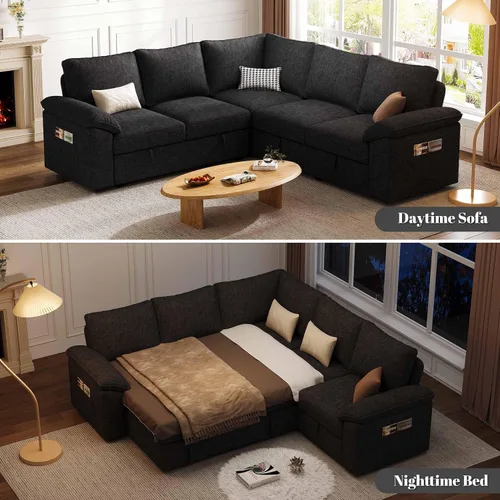 Vista 4 de Sofá modular modular de 85 pulgadas con cama extraíble, sofá cama Negro