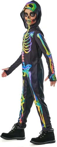 Vista 2 de Seasons Disfraz de esqueleto arcoíris con capucha para niños, sensible a la luz negra, disfraz de cosplay de Halloween