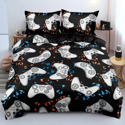 Vista 21 de Juego de funda de edredón de tamaño individual con estampado 3D de Gamepad azul para niños, fundas de edredón y fundas de almohada para dormitorio
