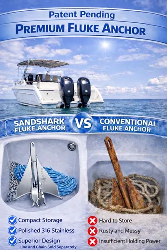Vista 4 de SandShark - Ancla Fluke de alta calidad, eje retráctil, fácil almacenamiento, anclaje de aluminio para pontón, ancla de moto acuática. Barcos <30