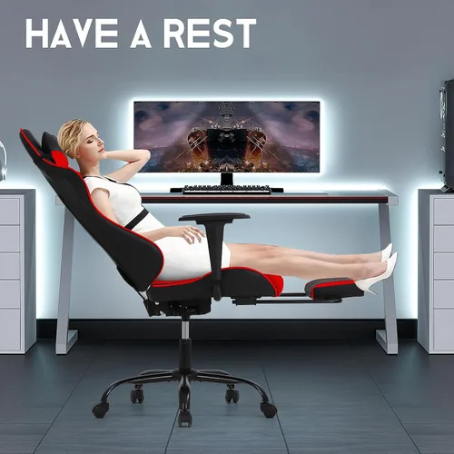 Vista 7 de BLKMTY Silla para videojuegos, silla reclinable para computadora con reposapiés y soporte lumbar, sillas de juego de altura ajustable con asiento