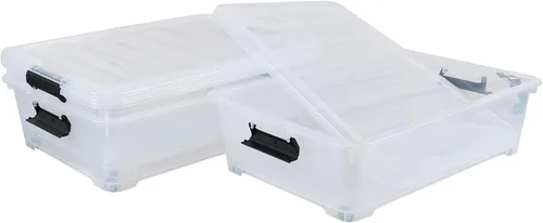 Vista 4 de Paquete de 3 cajas de almacenamiento de plástico con ruedas de 20 cuartos de galón, transparentes