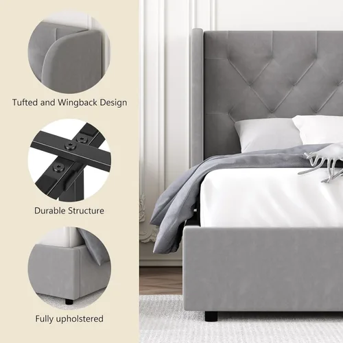 Vista 6 de HOMBCK - Marco de cama tamaño completo, base de cama tapizada en plataforma gris con cabecero, terciopelo acolchado, diseño de ala curvada, listones
