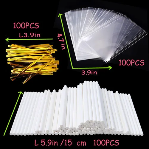 Vista 2 de 100 palitos para pastel de 5.9 pulgadas, 100 bolsas para tartas (5.9 x 3.1 pulgadas), 100 lazos metálicos dorados, para hacer paletas de bricolaje