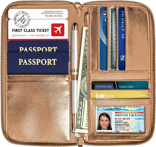 Vista 5 de Cartera de viaje organizador de documentos RFID pasaporte caso titular de la familia (oro rosa)