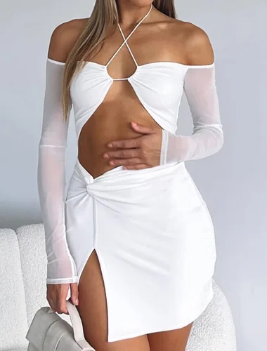 Vista 2 de Just Quella Vestido largo de malla con cuello halter para mujer