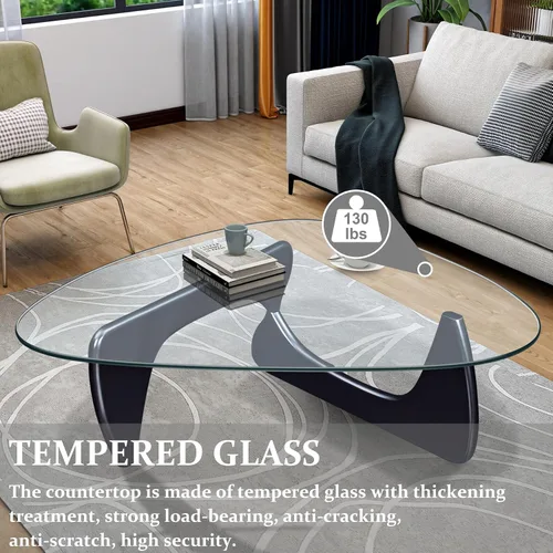Vista 5 de Mesa auxiliar – Mesa de centro triangular de vidrio con base de madera maciza, diseño minimalista moderno de mediados de siglo, mesa auxiliar