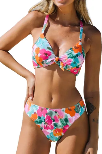 Vista 9 de CUPSHE Conjunto de bikini de dos piezas con cuello en V para mujer Beige/Magenta Floral