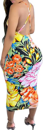 Vista 2 de Remelon Vestido largo sexy sin mangas con tirantes delgados, estampado geométrico, hueco, espalda descubierta, bodycon, para club, club, largo por