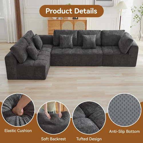 Vista 116 de Sofás seccionales modulares de 110 pulgadas para sala de estar, sofá seccional comprimido sin hueso, sofá de espuma viscoelástica tapizado de 3 Beige