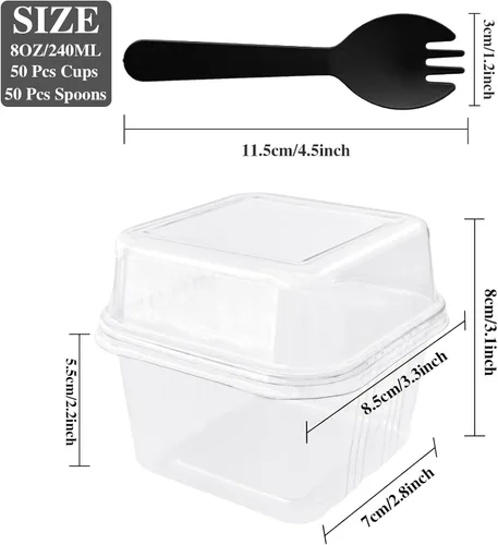 Vista 2 de Qyyiguf 50 piezas 236 ml / 8 onzas Vasos de plástico para postres con tapas y cucharas, tazas de postre cuadrados, recipientes desechables