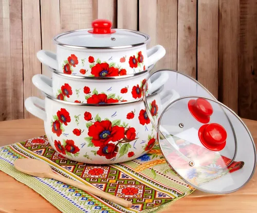 Vista 9 de Olla de aluminio esmaltado amapolas vientre cazuela profunda olla de cocina con tapa de vidrio Utensilios de cocina Olla de sopa (2.1 L)