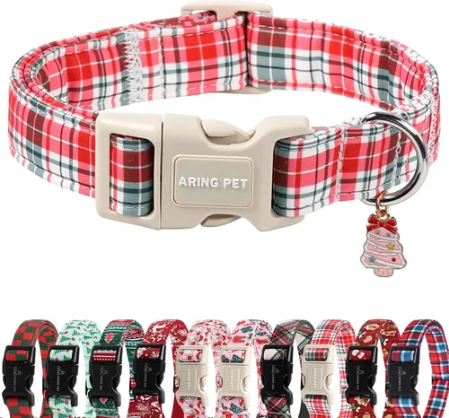 Vista 28 de ARING PET Collar de Navidad para perro, lindo collar de copos de nieve populares rojo y verde con hebilla de liberación rápida para cachorros
