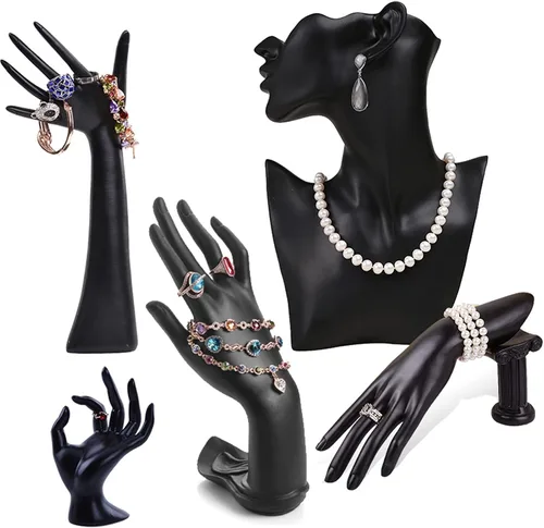 Vista 2 de Jewelry Towers - 5 piezas de estante de exhibición de joyería de resina de media cara para mujer, maniquí de cabeza y mano, collar, aretes, cabeza