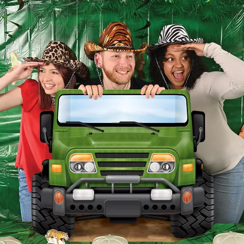 Vista 2 de Beistle Jungle Safari Jeep Photo Prop - Telón de fondo para fiesta de cumpleaños, multicolor Explorer Theme Birthday Parties, Zoo Adventures or