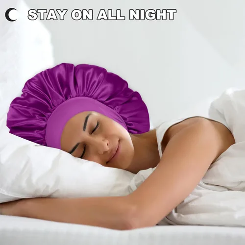 Vista 2 de 2 piezas de gorros de satén extra grandes para dormir de 17 pulgadas, gorro de seda jumbo para mujeres (negro y morado)