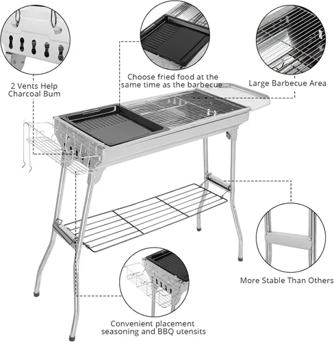 Vista 2 de Outvita Parrilla de carbón portátil, 39 x 12 x 28 pulgadas, parrilla plegable de acero inoxidable y ahumador para cocinar al aire libre, camping
