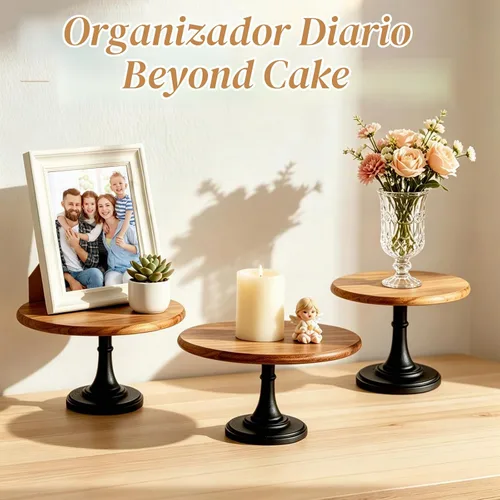 Vista 7 de NUPTIO Soporte de madera para tartas, pequeño soporte redondo para postres