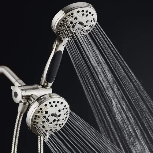 Vista 2 de Cabezal de ducha de alta presión de 48 modos de lujo, combo de 3 vías – Regadera de lluvia doble y de mano – Manguera de acero inoxidable de 6 pies