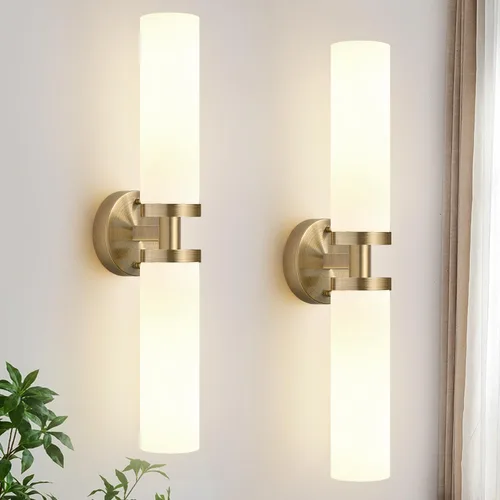 Vista 18 de Indoi Apliques de pared de níquel cepillado, apliques de baño cableados con vidrio transparente, modernos accesorios de tocador de baño para espejo