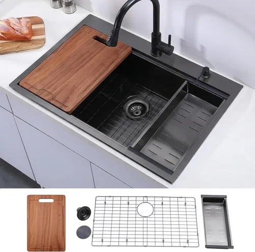Vista 13 de Friho Fregadero de barra empotrable negro de 15 x 15 pulgadas, fregadero de cocina de acero inoxidable de un solo tazón montado en superficie