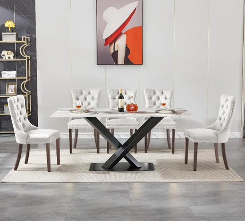 Vista 3 de Juego de mesa de comedor de mármol blanco de lujo para 6, 70 pulgadas, mesa de comedor de mármol blanco con 6 sillas de terciopelo beige y base