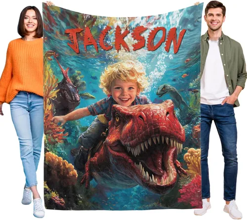 Vista 2 de Artsadd Manta personalizada de dinosaurio para niños y hombres, manta personalizada con foto de dinosaurio, manta de bebé personalizada para niños