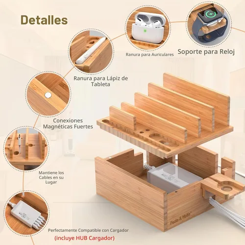 Vista 2 de Estación de carga de bambú Pezin & Hulin para múltiples dispositivos incluye cargador USB de 5 puertos, 5 cables, organizador de escritorio