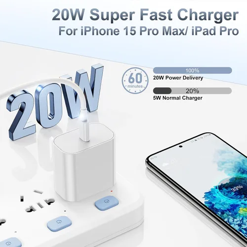 Vista 2 de Cargador rápido para iPhone 17 16 15, bloque de carga USB C de 20 W para Apple iPhone 17 Pro Max/17 Air/16 Pro/15 Plus, iPad de 12/11