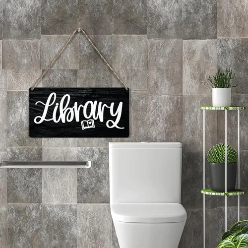 Vista 7 de Letrero retro de la biblioteca de madera, arte de pared para el hogar, casa de campo, decoración colgante rústica divertida para amante