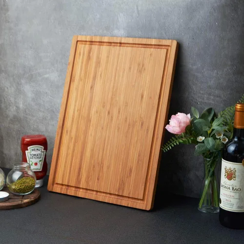 Vista 6 de Tabla de cortar de madera de bambú para cocina, bloque grande de 18 pulgadas para cortar embutidos de queso con asas laterales y ranuras para jugos