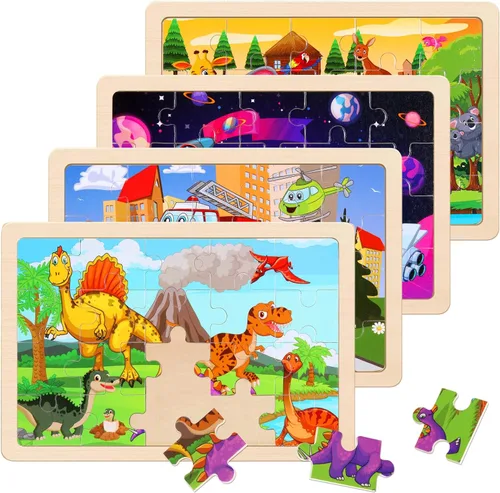Vista 8 de Rompecabezas de madera para niños de 3 a 5 años, juego de 4 paquetes con 20 piezas de granja, rompecabezas de madera con temática de animales