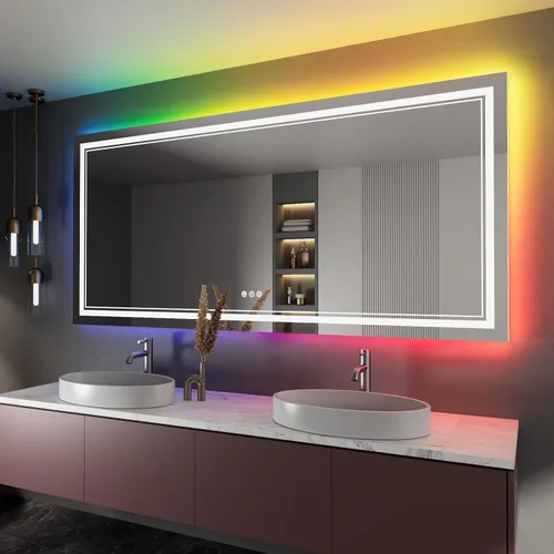 Vista 35 de Espejo de baño LED de 24 x 28 pulgadas, luz frontal y retroiluminada, antiniebla, regulable, espejo de tocador iluminado con memoria, espejo LED