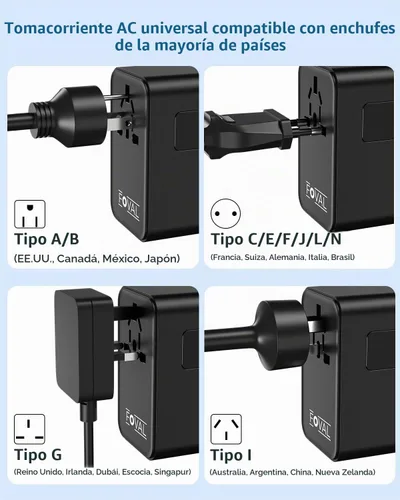 Vista 5 de FOVAL Adaptador de enchufe de viaje europeo, adaptador de viaje universal con cable USB C retráctil, adaptador de corriente internacional todo