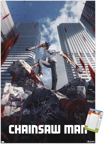 Vista 12 de Chainsaw Man - Póster de pared de arte clave, 22.4 pulgadas de largo x 14.7 pulgadas de ancho, versión enmarcada de madera de granero