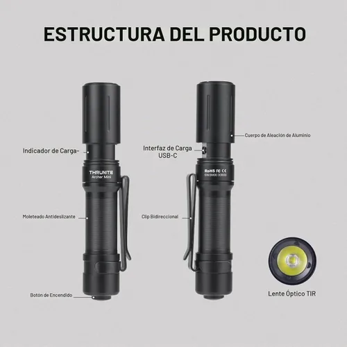 Vista 8 de ThruNite EDC Linterna Archer Mini, linterna LED de 405 lúmenes con interruptor de cola, linterna de bolsillo pequeña recargable USB C para camping